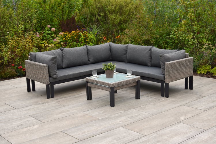 Amantea Gartenlounge mit verlängerbarer Sitzfläche, inkl. Auflagen, 2 Tische