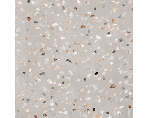Nahaufnahme einer Bodenfliese mit Terrazzo-Muster