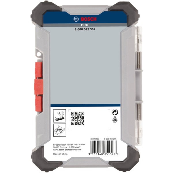 Leere Bosch Aufbewahrungsbox Pick and Click aus Kunststoff mit transparentem Deckel, Bosch Logo, grauem Fach und rotem Verschluss.