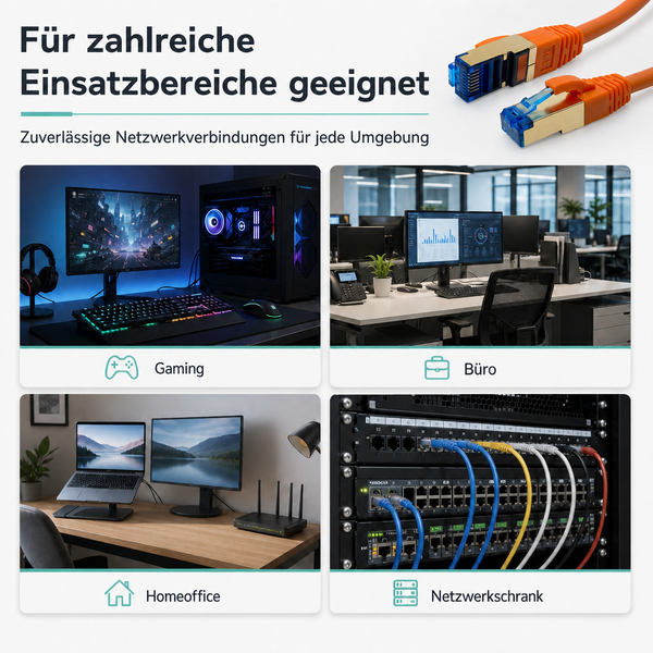 Anwendungsbereiche für Netzwerkkabel: Gaming-Setup, Büro-Arbeitsplatz, Homeoffice und Netzwerkschrank mit Patchkabeln.