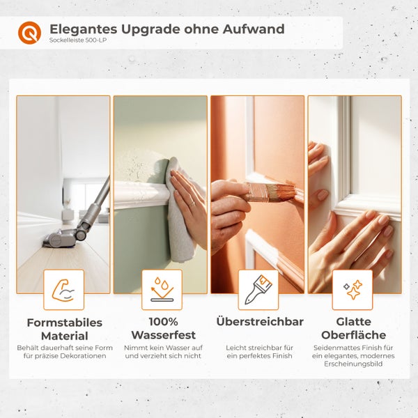 Infografik zeigt Produktvorteile der Sockelleiste 500-LP: formstabil, wasserfest, überstreichbar und glatte Oberfläche für elegante Raumgestaltung.