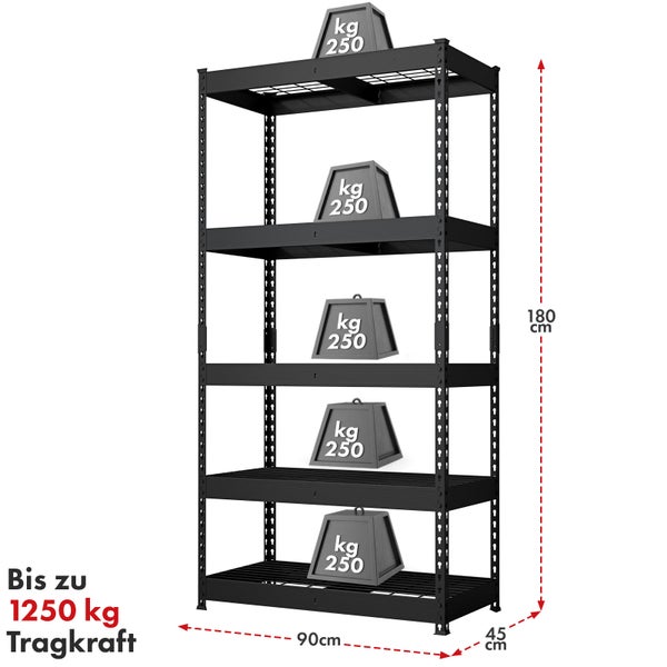 Schwarzes Schwerlastregal mit fünf Ablagen und Gewichtsangaben