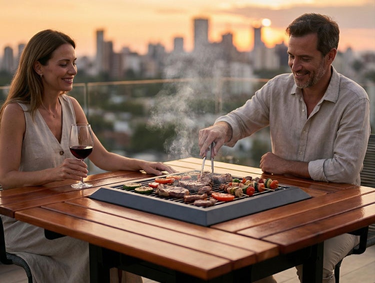 Ein Paar grillt Fleisch und Gemüse auf einem Tischgrill, der in einen Holztisch auf einer Dachterrasse integriert ist.