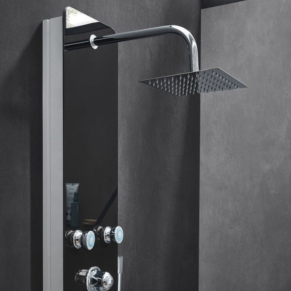 Duschpaneel mit quadratischem Kopfbrausearm, Armaturen und Handbrauseanschluss zur Wandmontage im modernen Design.
