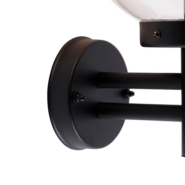 Detailansicht einer schwarzen Wandhalterung aus Metall für eine Außenleuchte mit runder Basis und zwei Haltestangen.