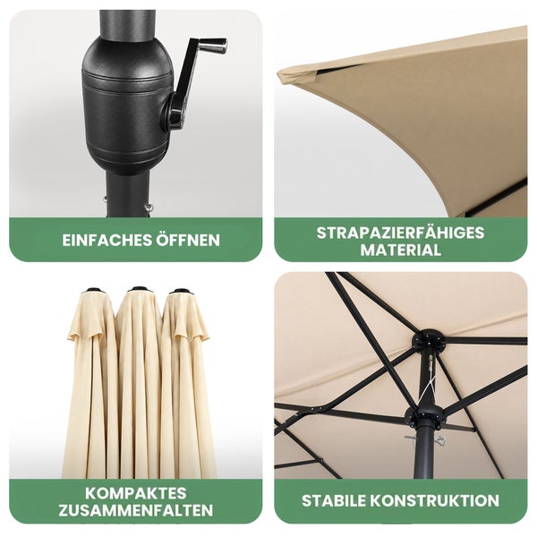 Sonnenschirm-Details: Handkurbel zum Öffnen, strapazierfähiges Material, kompaktes Zusammenfalten und eine stabile Rahmenkonstruktion.