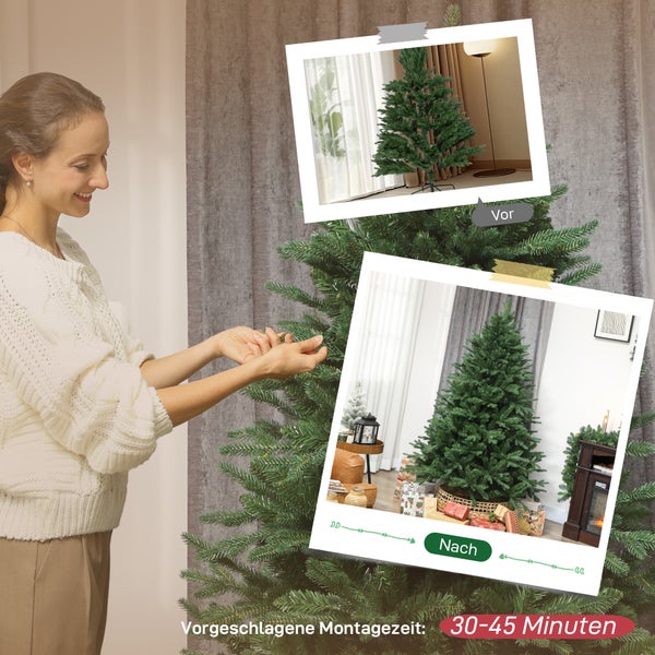 Eine Frau stellt einen künstlichen Weihnachtsbaum auf. Vergleich von Vorher und Nachher beim Aufbau. Montagezeit circa 30 bis 45 Minuten.