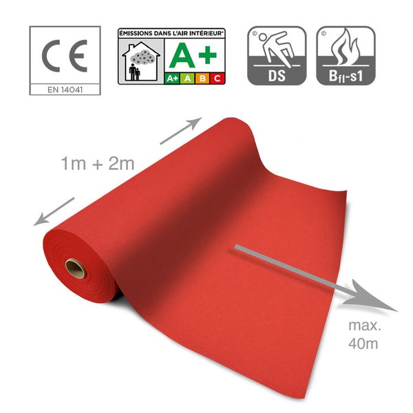 Rote Auslegware als Rollenware mit den Maßen 1 Meter plus 2 Meter Breite und maximal 40 Meter Länge sowie CE Kennzeichen, A plus Emissionsklasse, Rutschhemmung und Brandschutzklasse
