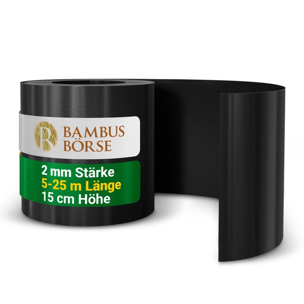 Schwarze Bambus-Rhizomsperre von Bambus Börse, 2 Millimeter Stärke, 5 bis 25 Meter Länge, 15 Zentimeter Höhe, Kunststoff.