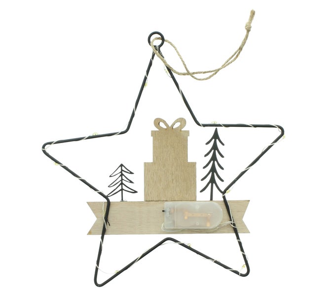 LED Weihnachtsanhänger in Sternform aus Metall mit Holzmotiven und Batteriegehäuse