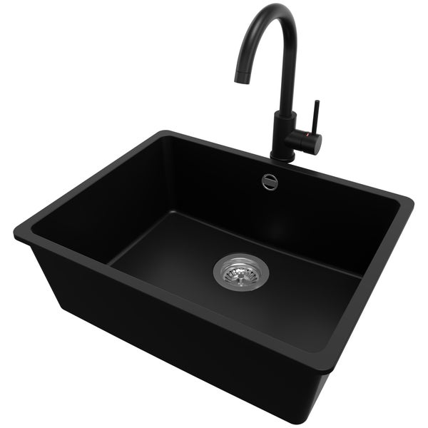 PRIMAGRAN Granitspüle Schwarz 56x44cm, Spülbecken 1 Becken + Küchenarmatur 32x20cm + Ablauf-Set, Küchenspüle ab 60er Unterschrank - Venedig Slim Easy