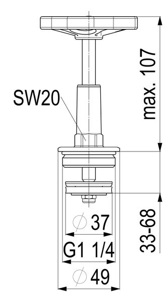Technische Zeichnung eines Oberteils für Ventile mit Gewinde G 1 1/4 Zoll, Durchmesser 37 und 49 Millimeter, maximale Höhe 107 Millimeter.