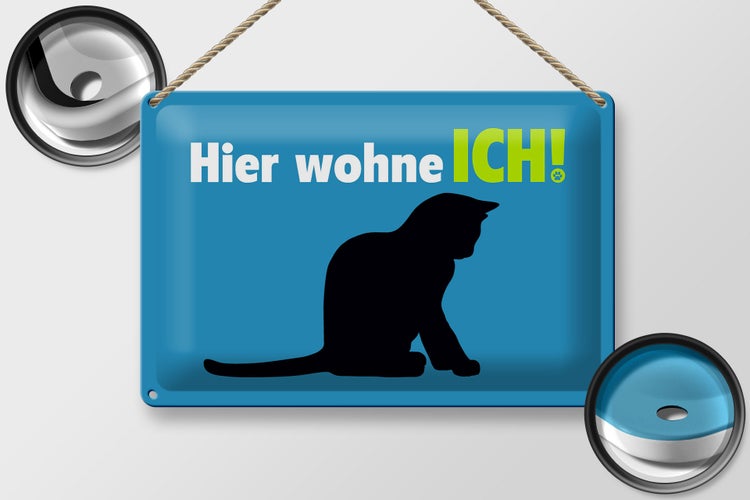 Blechschild Spruch 30x20cm Katze hier wohne ich blau