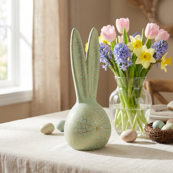 Osterhasenfigur mit Rissoptik und Goldakzenten auf einem Tisch neben einem Blumenstrauß und Ostereiern als Dekoration.