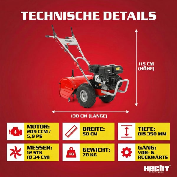 Technische Details der Motorhacke: Länge 138 cm, Höhe 115 cm, Breite 50 cm, Tiefe bis 350 mm, Motor 209 ccm/5,9 PS, 12 Messer mit Durchmesser 34 cm, Gewicht 70 kg, Vorwärts- und Rückwärtsgang.