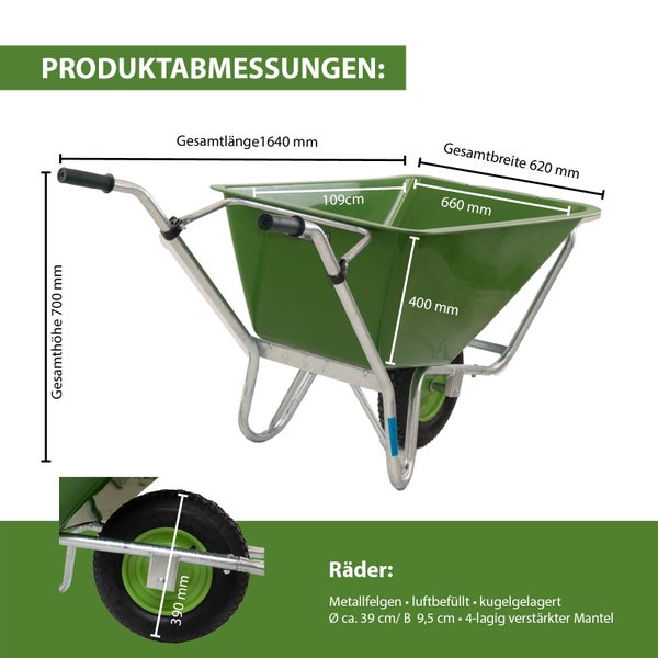 Hofkarre XL 220 L 300 kg Stahlfelge Luftrad Futterkarre Schubkarre Pferde Hof Stall