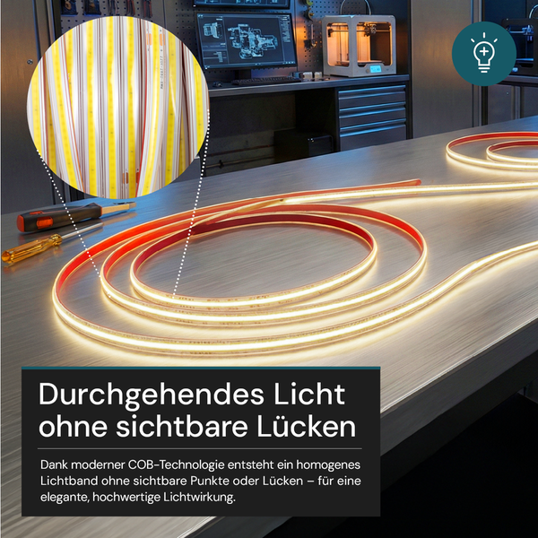 Flexibler COB LED Streifen auf einer Werkbank mit durchgehendem, homogenem Licht ohne sichtbare Punkte oder Lücken.