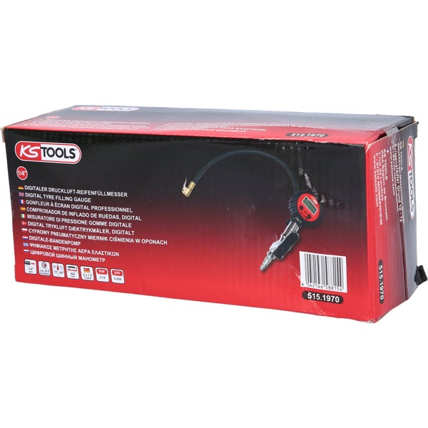 KS Tools Logo auf einer Verpackung für ein digitales Reifenfüllmessgerät
