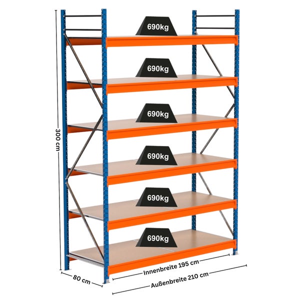 Hochregal mit sechs Ebenen und Maßangaben