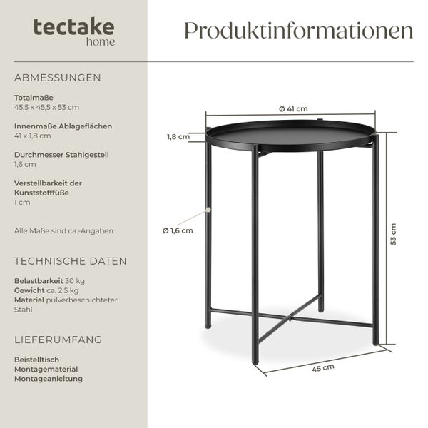 Beistelltisch tectake Chester 45,5 x 45,5 x 53 cm Stahl schwarz