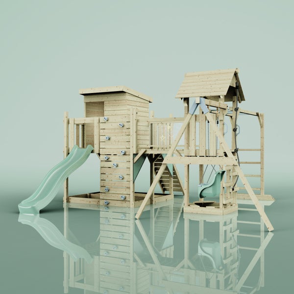 Spielturm aus Holz mit Rutsche, Schaukel und Kletterwand für den Garten