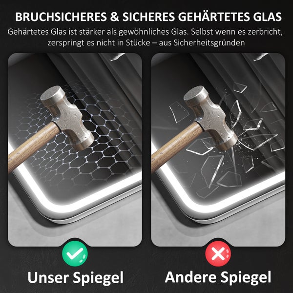 Vergleich von Spiegeln mit gehärtetem Glas unter Belastung durch einen Hammer