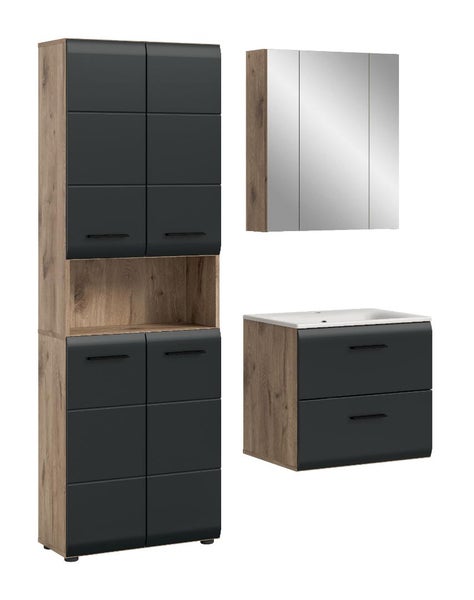 Badmöbel-Set bestehend aus Hochschrank mit offenem Fach, Waschtischunterschrank mit Waschbecken und Spiegelschrank in Holzoptik und Anthrazit.