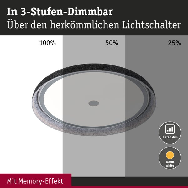Runde Deckenleuchte, über herkömmliche Lichtschalter in drei Stufen dimmbar auf 100 Prozent, 50 Prozent und 25 Prozent, mit Memory-Effekt und warmweißem Licht.