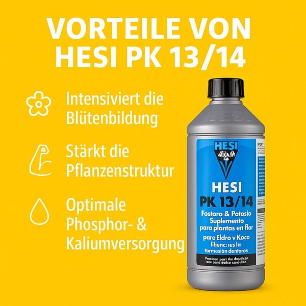 HESI PK 13/14 Dünger. Vorteile: Fördert Blütenbildung, stärkt die Pflanzenstruktur und bietet optimale Phosphor- und Kaliumversorgung.