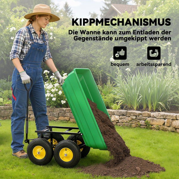 Eine Frau nutzt die Kippfunktion eines grünen Gartenwagens, um bequem und kräfteschonend Erde auf einer Rasenfläche in einem Garten zu entleeren.