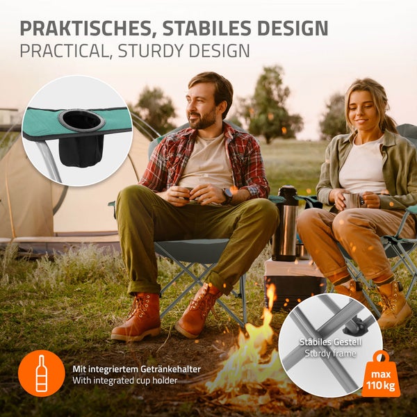 ECD Germany 2er Set Campingstuhl faltbar, Grau-Türkis, Angelstuhl mit Getränkehalter & Tragetasche, Gartenstuhl klappbar, Übergroßer Klappstuhl mit Hochlehner, Gepolster Faltstuhl, Anglerstuhl tragbar