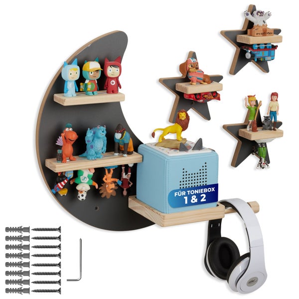 Wandregal Set für Kinderzimmer in Mond und Stern Form aus Holz zur Aufbewahrung von Tonieboxen und Figuren inklusive Montagematerial