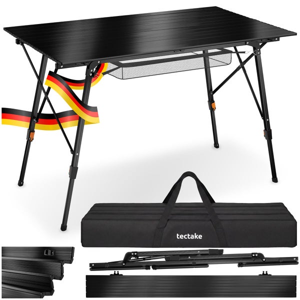 Schwarzer klappbarer Campingtisch aus Aluminium mit Ablagenetz unter der Tischplatte, faltbarem Gestell und einer Tragetasche mit tectake Logo.