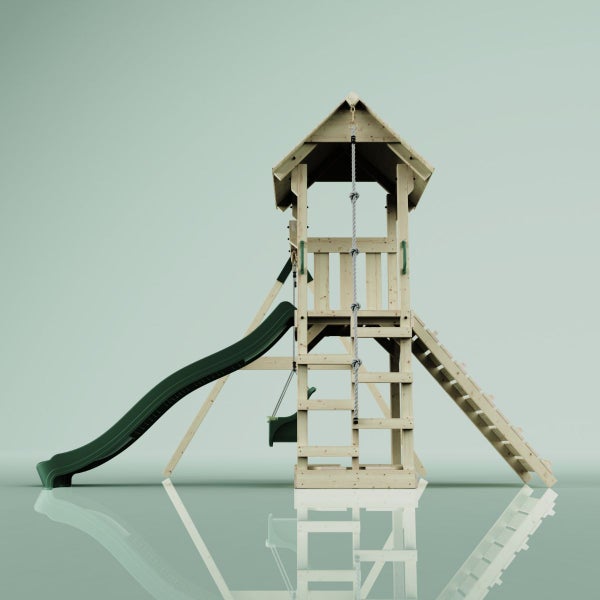 Spielturm aus Holz mit Rutsche, Schaukel und Kletterleiter