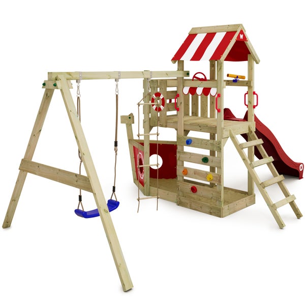 WICKEY Spielturm Klettergerüst SeaFlyer mit Schaukel und Rutsche, Baumhaus mit Sandkasten, Kletterleiter und Spiel-Zubehör - rot