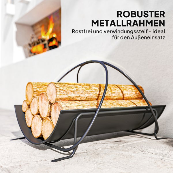 Brennholzregal aus Metall mit Holzscheiten