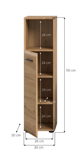 Schmaler Hochschrank in Holzoptik mit den Maßen 110 mal 30 mal 30 Zentimeter, einem offenen Fach oben und einer Tür mit drei Innenfächern.