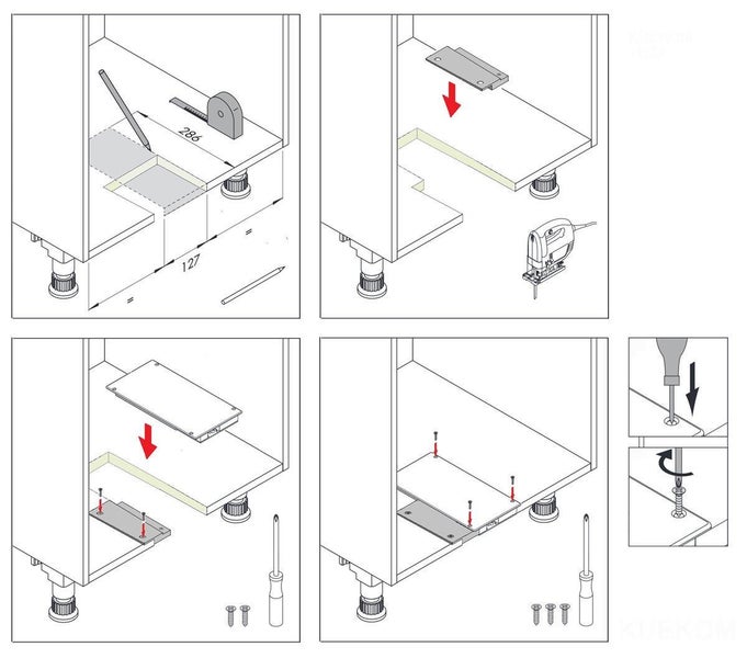Montageanleitung für den Einbau eines Bauteils in einen Küchenunterschrank mit Messen, Zuschneiden und Verschrauben.