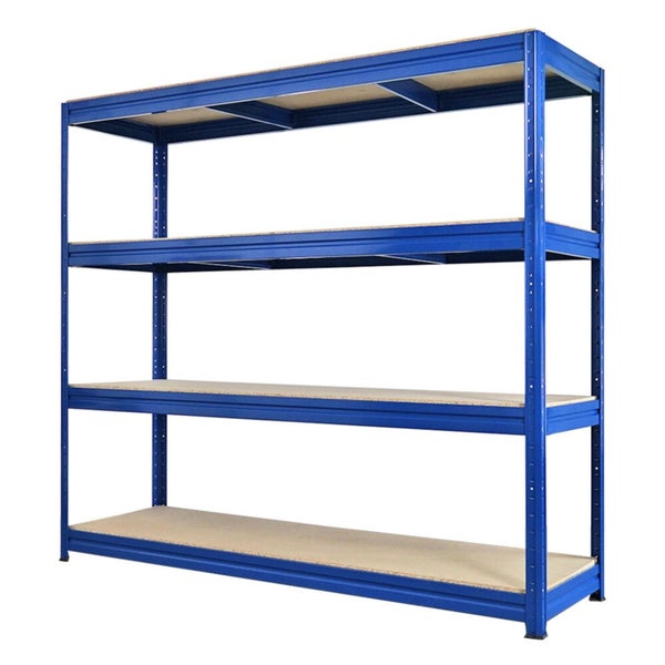 Blaues Schwerlastregal aus Metall mit vier Holzböden.