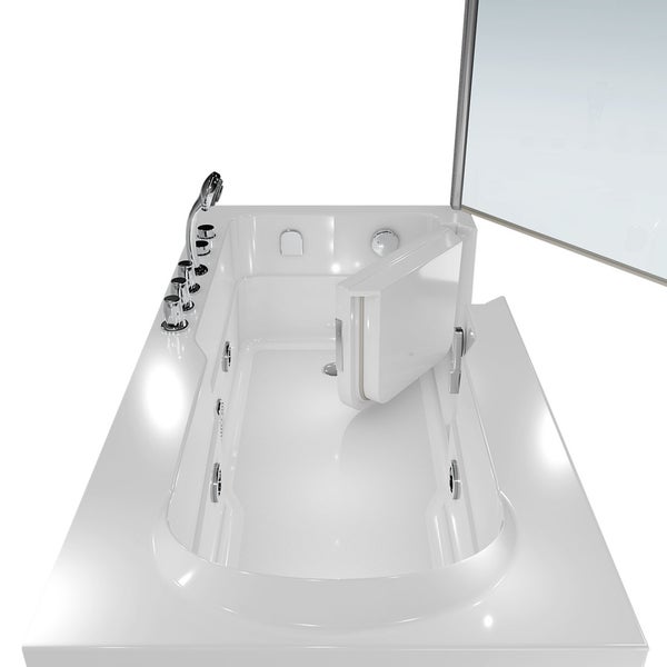 Seniorenbadewanne mit seitlicher Einstiegstür, Duschabtrennung aus Glas, Armaturen, Handbrause und Massagedüsen.