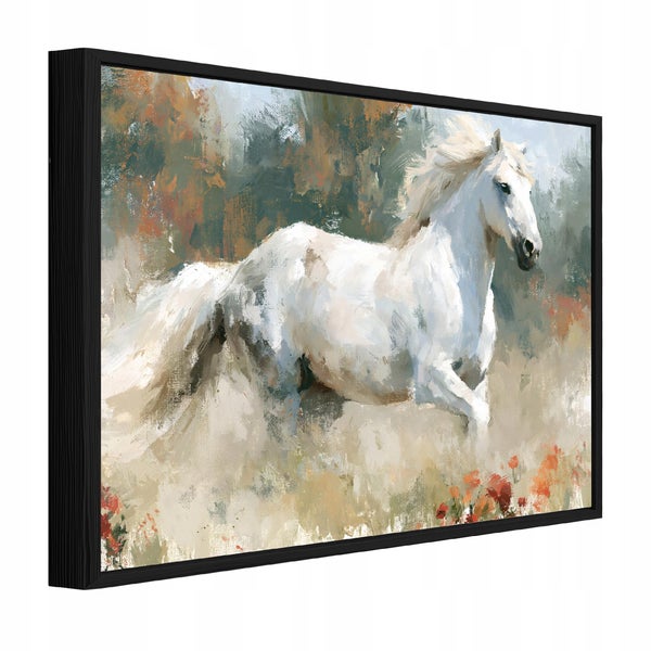 Wandbild mit einem rennenden weißen Pferd in einem impressionistischen Stil, gerahmt in einem schwarzen Bilderrahmen.