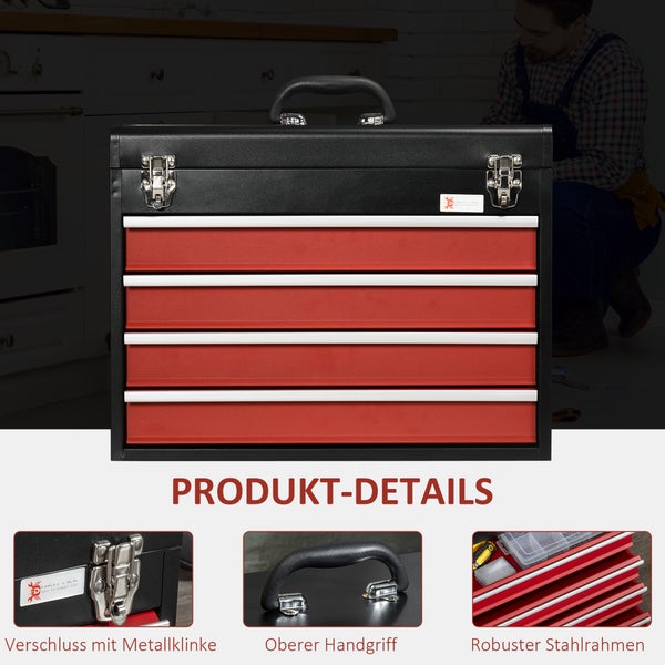 DURHAND, Werkzeugkasten, Werkzeugkoffer, 51L x 22B x 39,5H cm, Stahl, Schwarz+Rot