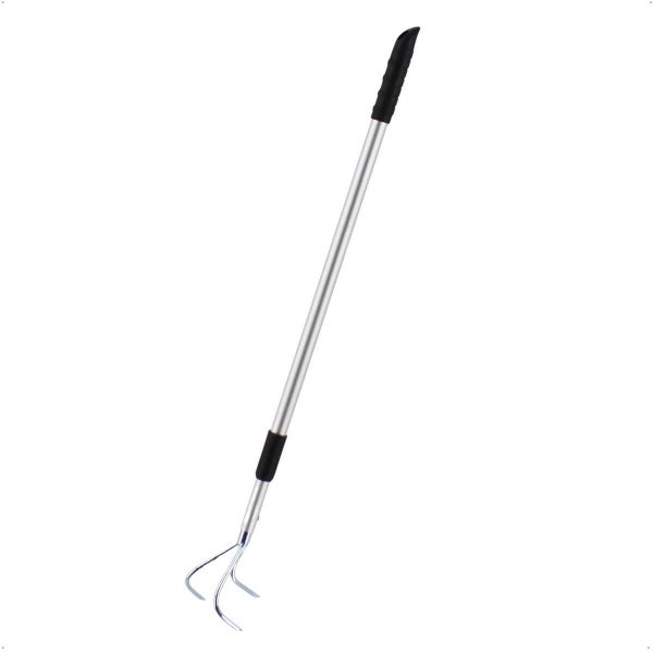 Garten-Grubber mit langem Metallstiel und ergonomischem Handgriff zur Bodenauflockerung.