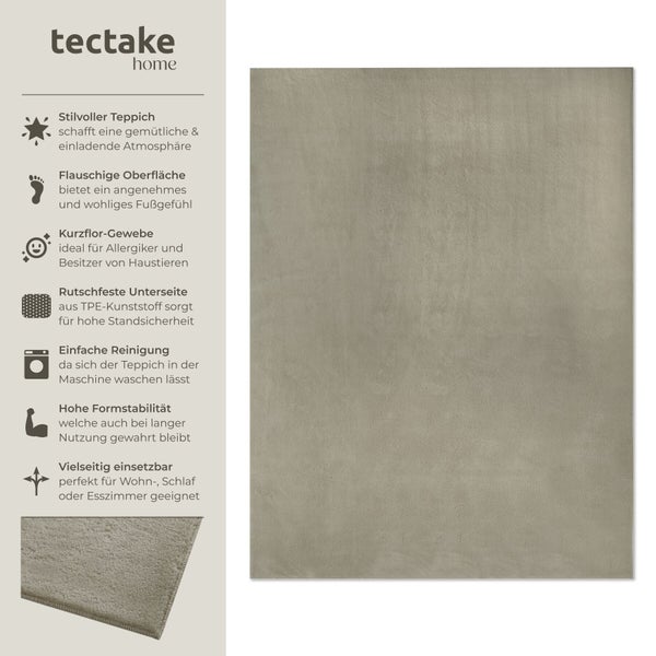 tectake home Logo. Rechteckiger Kurzflor-Teppich mit weicher Oberfläche, rutschfester Unterseite und hoher Formstabilität. Maschinenwaschbar.