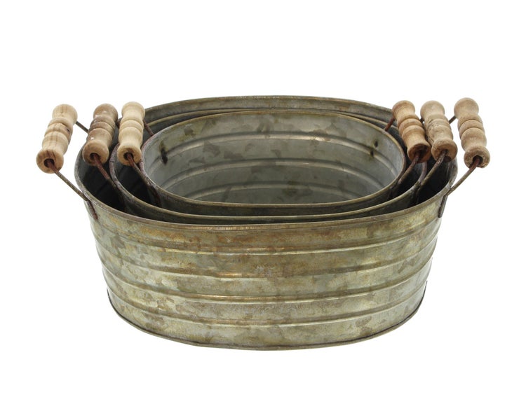 FRANK FLECHTWAREN | Metallwanne mit Holzgriffen, 3er Set, METALL, 17 x 12 x 8 cm, 20 x 14 x 9 cm, 24 x 15 x 10 cm, bei Direktbepflanzung mit Folie ausschlagen