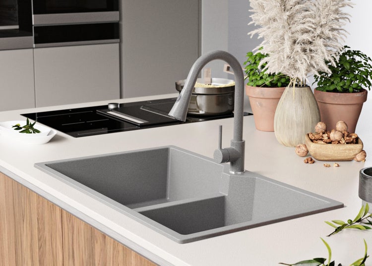PRIMAGRAN Spülbecken Grau 78x50cm, Granitspüle 2 Becken + Ablauf-Set, Küchenspüle ab 80er Unterschrank - Madrid Twin