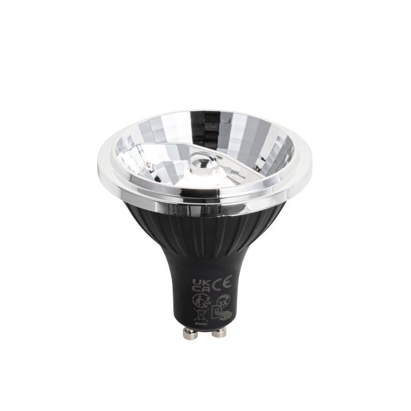 LED-Reflektorlampe mit GU10-Sockel, schwarzem Gehäuse und fazettiertem Innenreflektor.