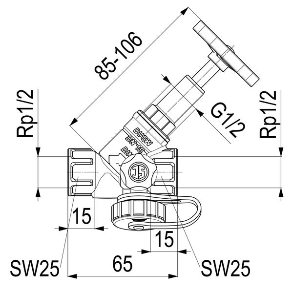 Technische Zeichnung eines Schrägsitzventils mit Maßangaben in Millimetern von 85 bis 106 und 65 sowie Gewindegrößen Rp 1/2 und G 1/2.