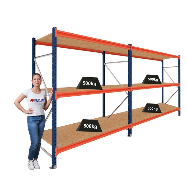 ProRegal Weitspannregal mit 3 Holzböden, blau-orange, Tragkraft 500 Kilogramm je Boden, inklusive Größenvergleich mit einer Person.