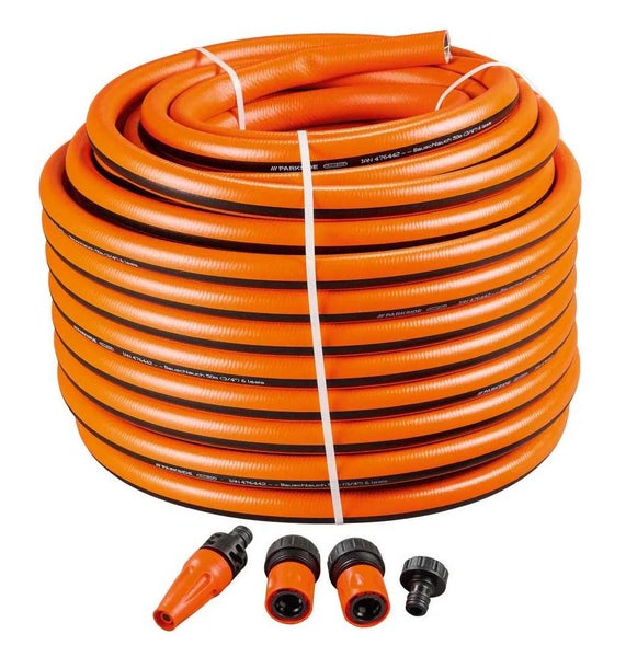 Parkside Bauschlauch Set, 50 Meter Länge, Durchmesser 3/4 Zoll, inklusive Spritzdüse und Anschlussstücken.